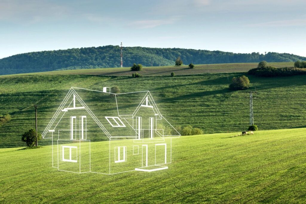 Architectural house outline over rural green landscape