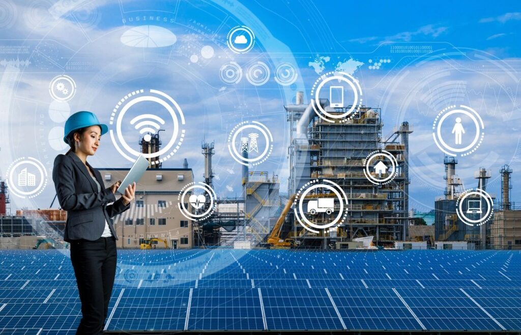 Engineer with tablet at smart solar industrial plant